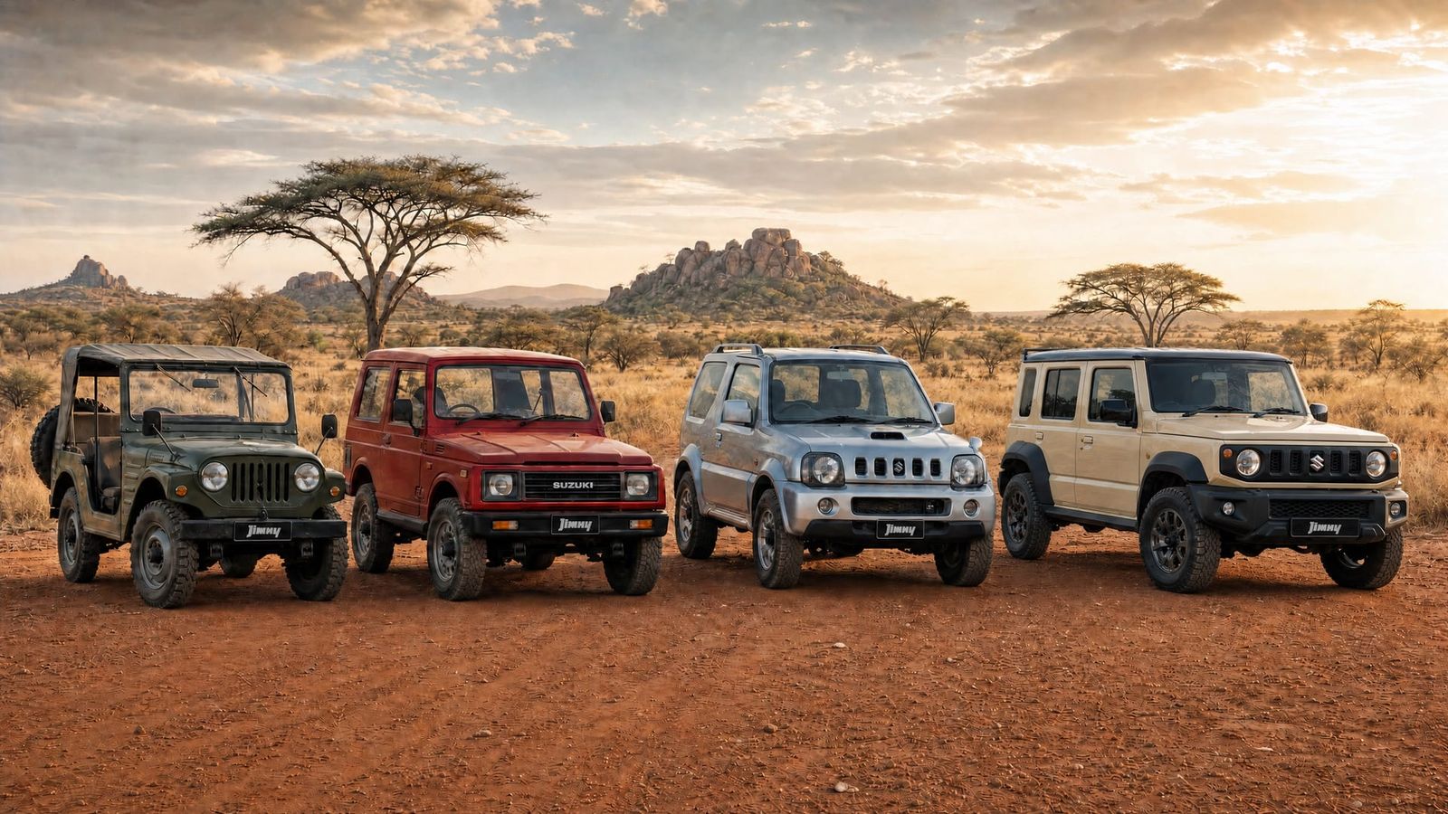 Four generations of the Suzuki Jimny lined up in the African bush at sunset